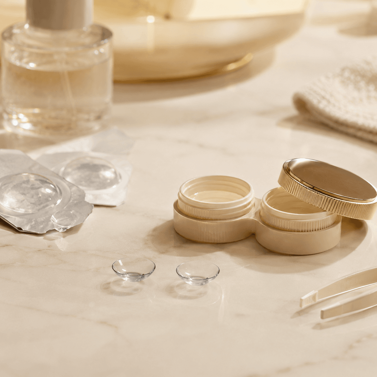 Contact lens care essentials arranged neatly