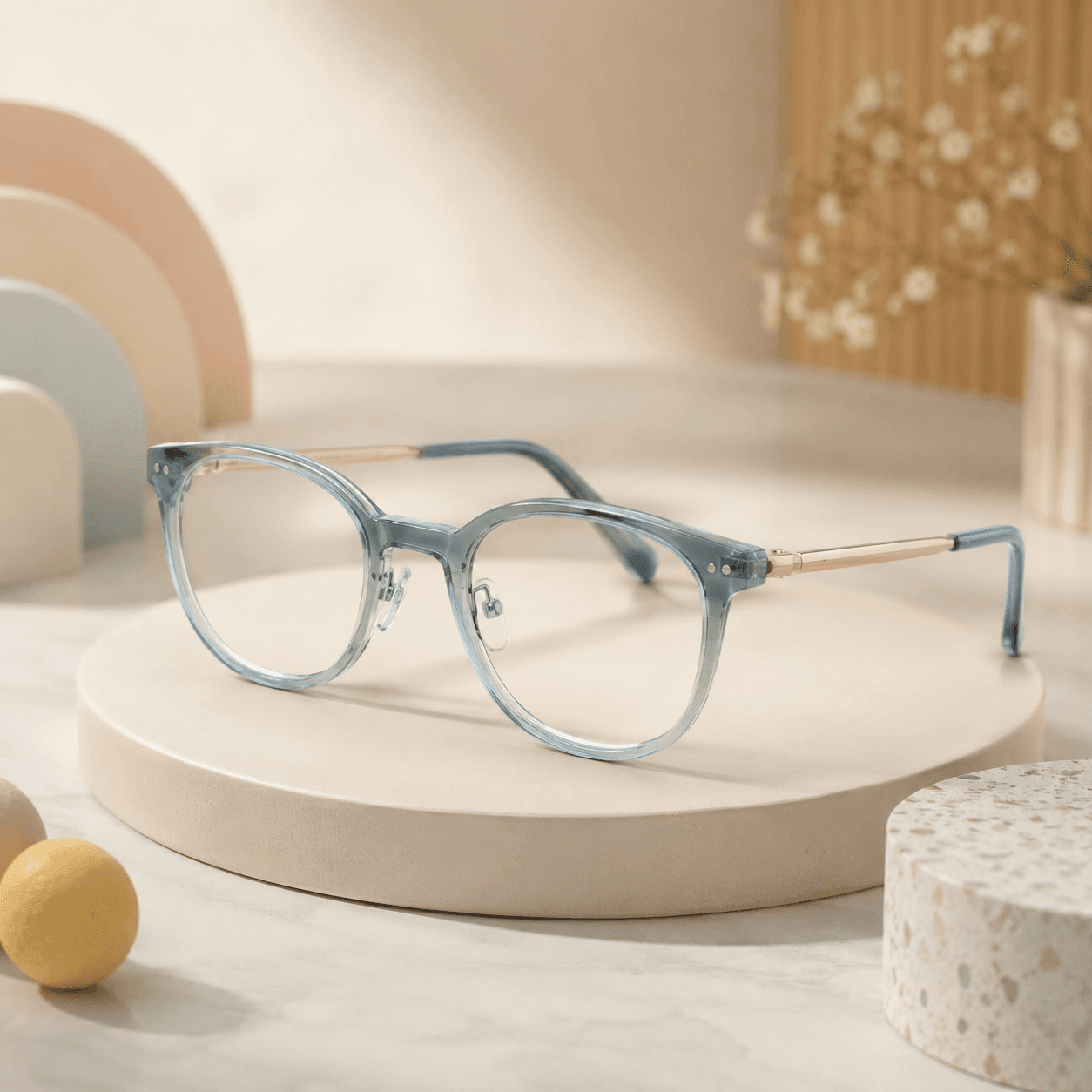 Pastel eyeglasses product display at Titan Optical